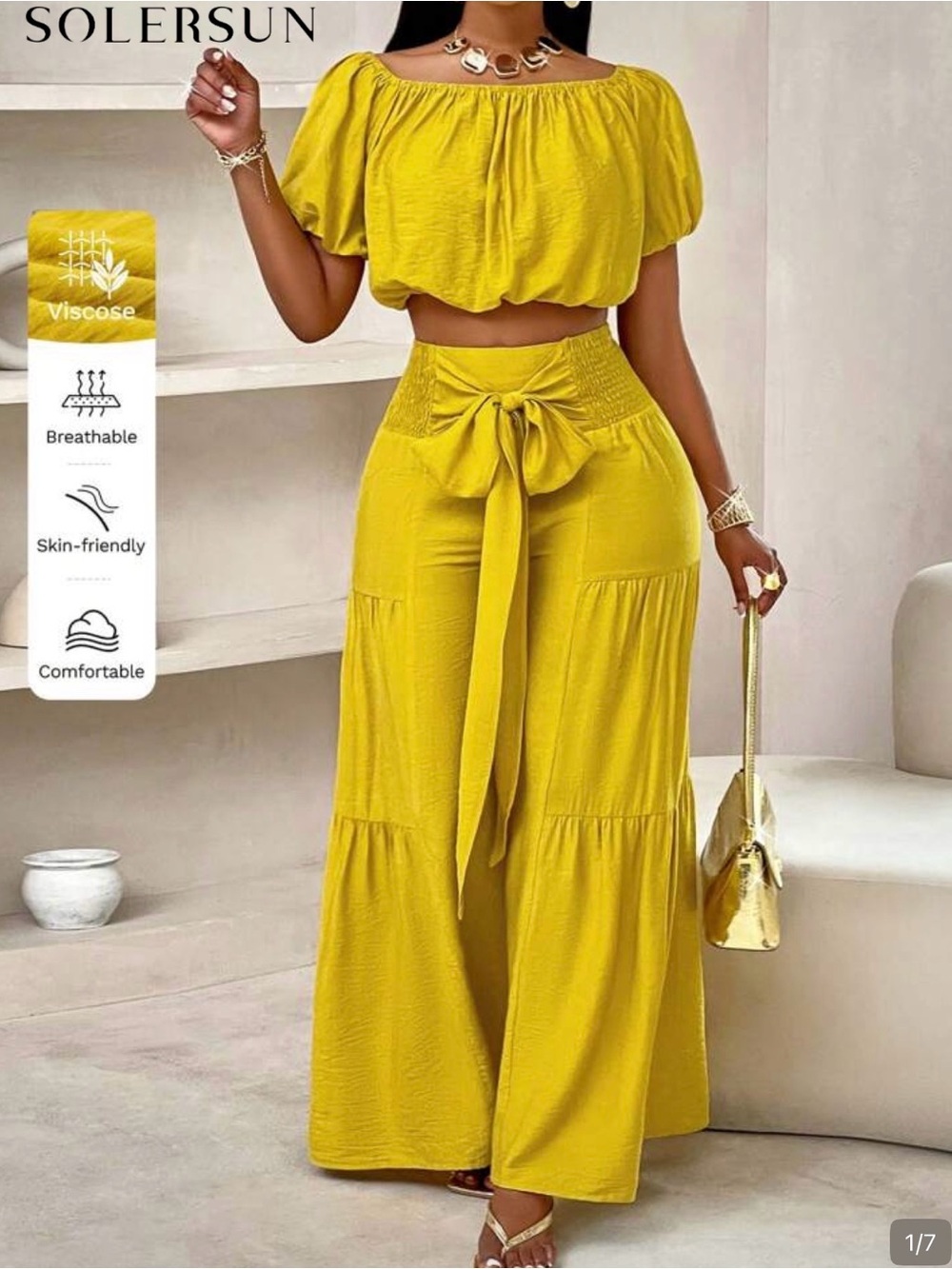 Yellow Two-Piece Crop Top & Wide-Leg Pants Set